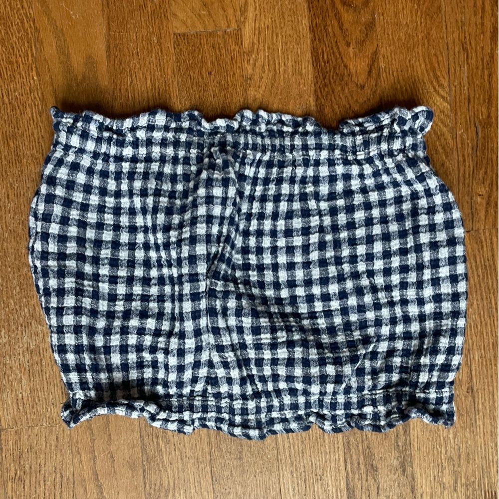 Navy and White Gingham Strapless Blouse